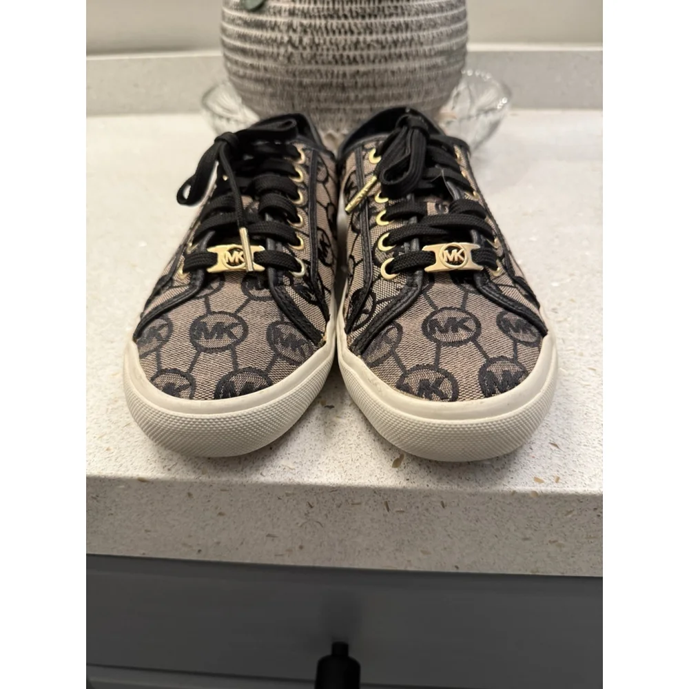 Michael Kors Women Sneakers Black /Tan Monogram Logo Size 8
